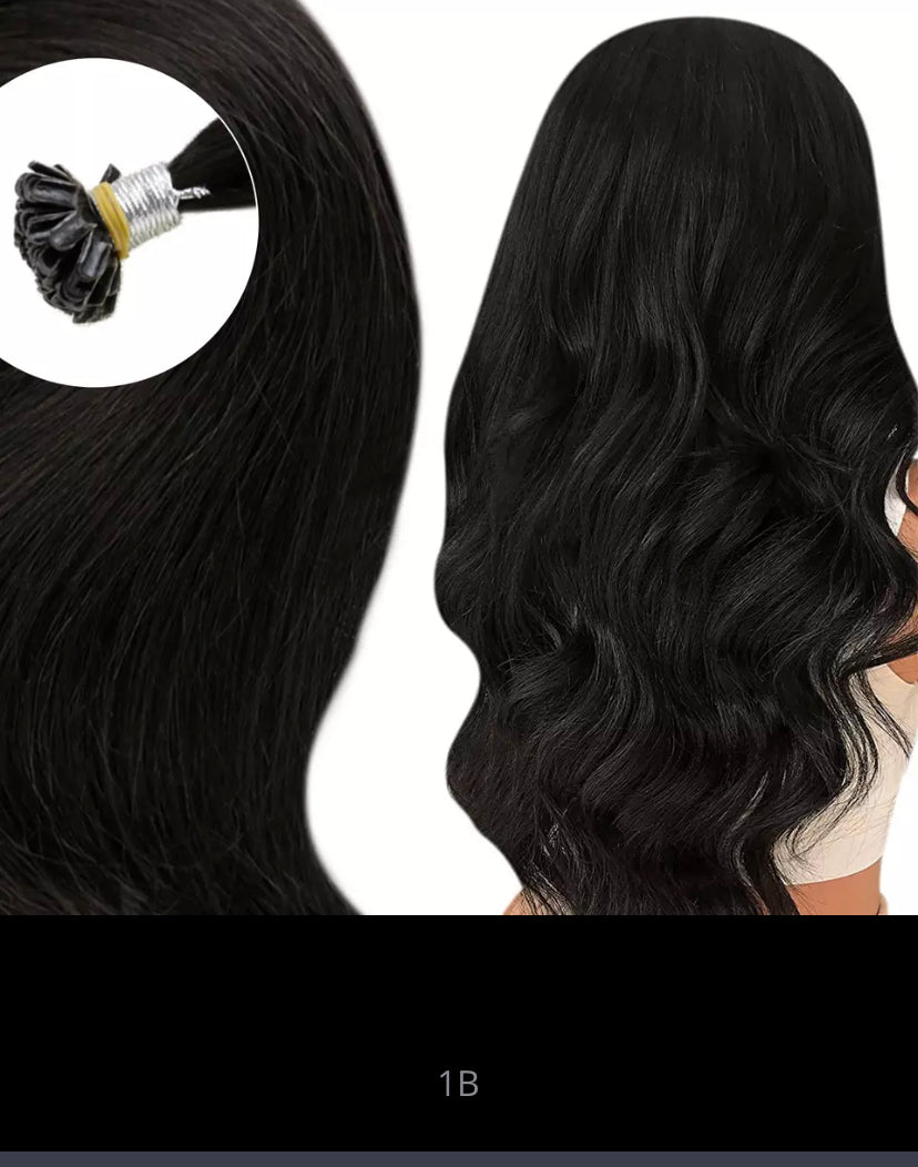 25 extensions 100% virgin cheveux russe remy fait à la main kératine plate 1g #1B noir naturel / 35cm-70cm
