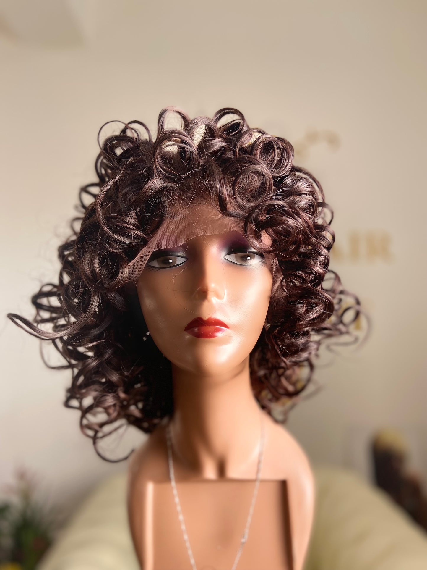 Perruque cheveux russe courte bouclée Lace Frontal  Rémy Hair 8"(20cm) - 12"(30cm)couleur châtain #2