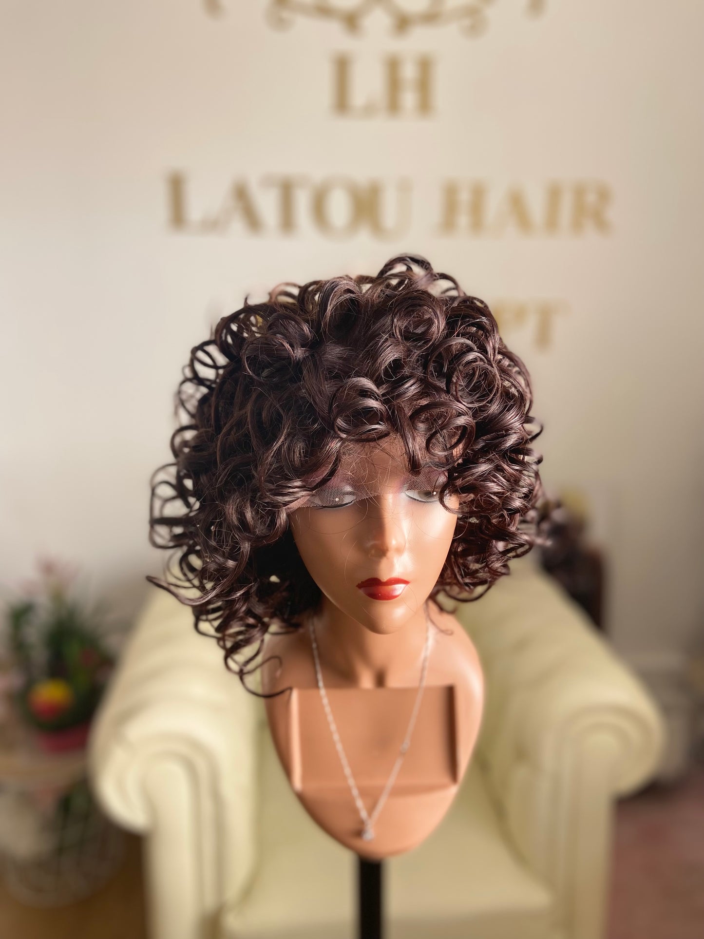 Perruque cheveux russe courte bouclée Lace Frontal  Rémy Hair 8"(20cm) - 12"(30cm)couleur châtain #2