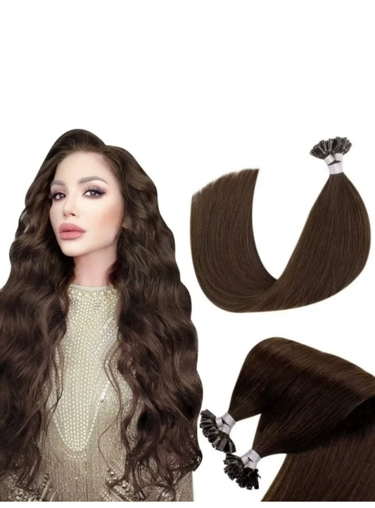 25 extensions 100% virgin cheveux russe remy naturel fait à la main kératine plate 1g châtain #4 /35cm-70cm