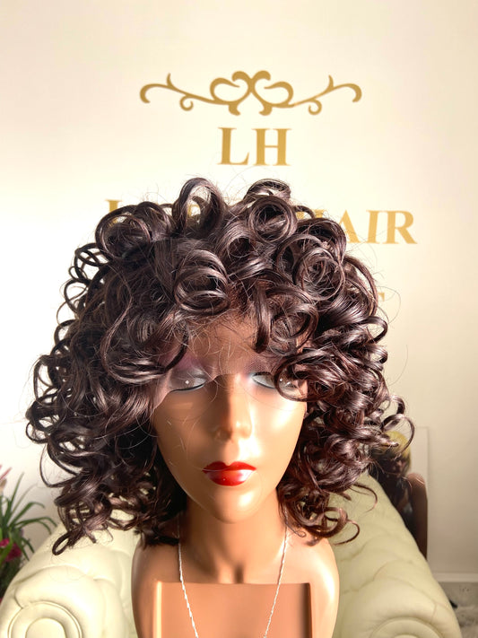Perruque cheveux russe courte bouclée Lace Frontal  Rémy Hair 8"(20cm) - 12"(30cm)couleur châtain #2