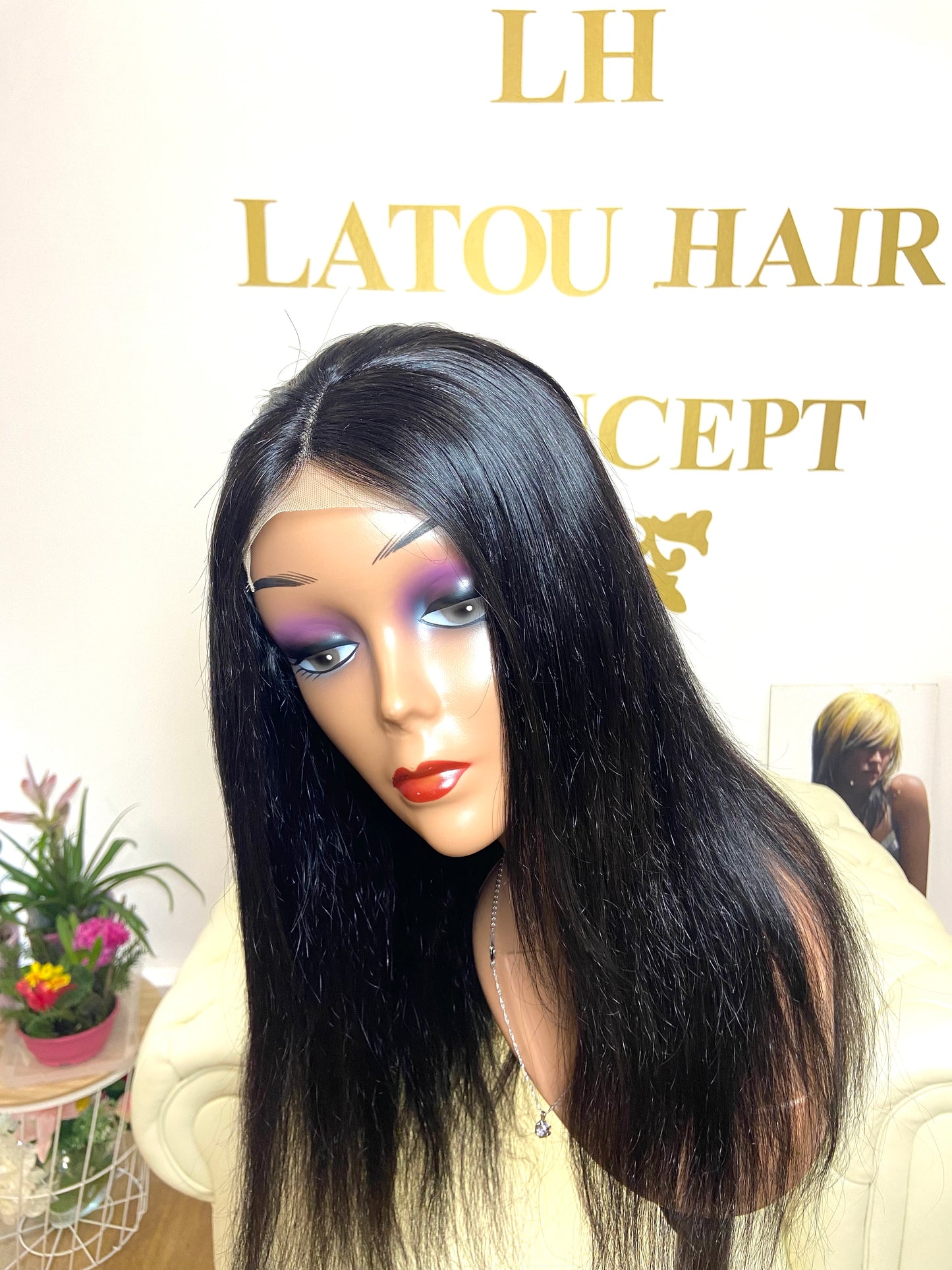 Perruque Lace Frontal  4X4  cheveux noirs 100% naturels #1B lisse  8"(20cm)-28"(70cm)