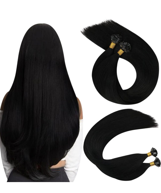 25 extensions 100% virgin cheveux russe remy Naturel fait à la main kératine plate 1g  #1 noir /35cm-70cm
