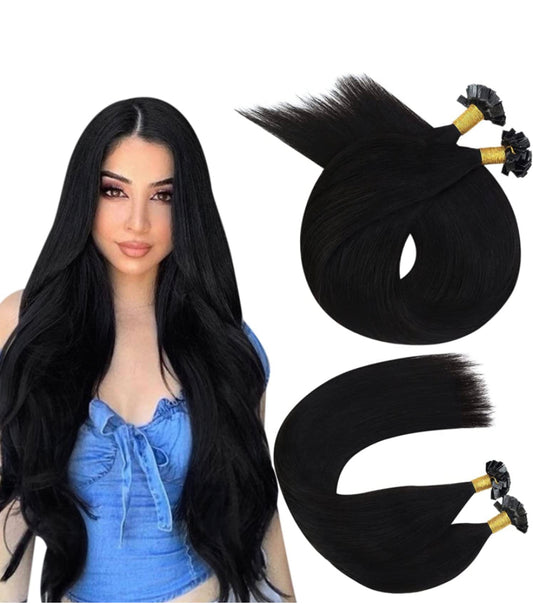 25 extensions cheveux indiens remy 1g fait à la main kératine 40cm - 70cm / #1 noir